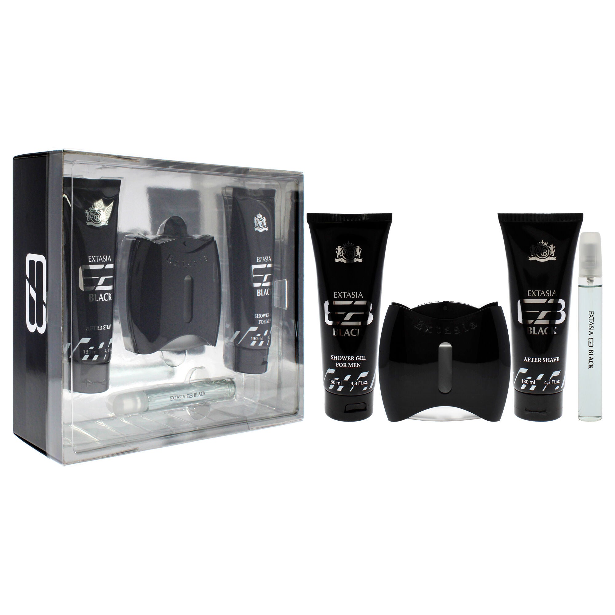 Prestige Extasia Black by New Brand for Men - 4 Pc Gift Set 3.3oz EDT Spray, 0.5oz EDT Spray, 4.3oz Shower Gel, 4.3oz After Shave, See Description, alternate image number 1