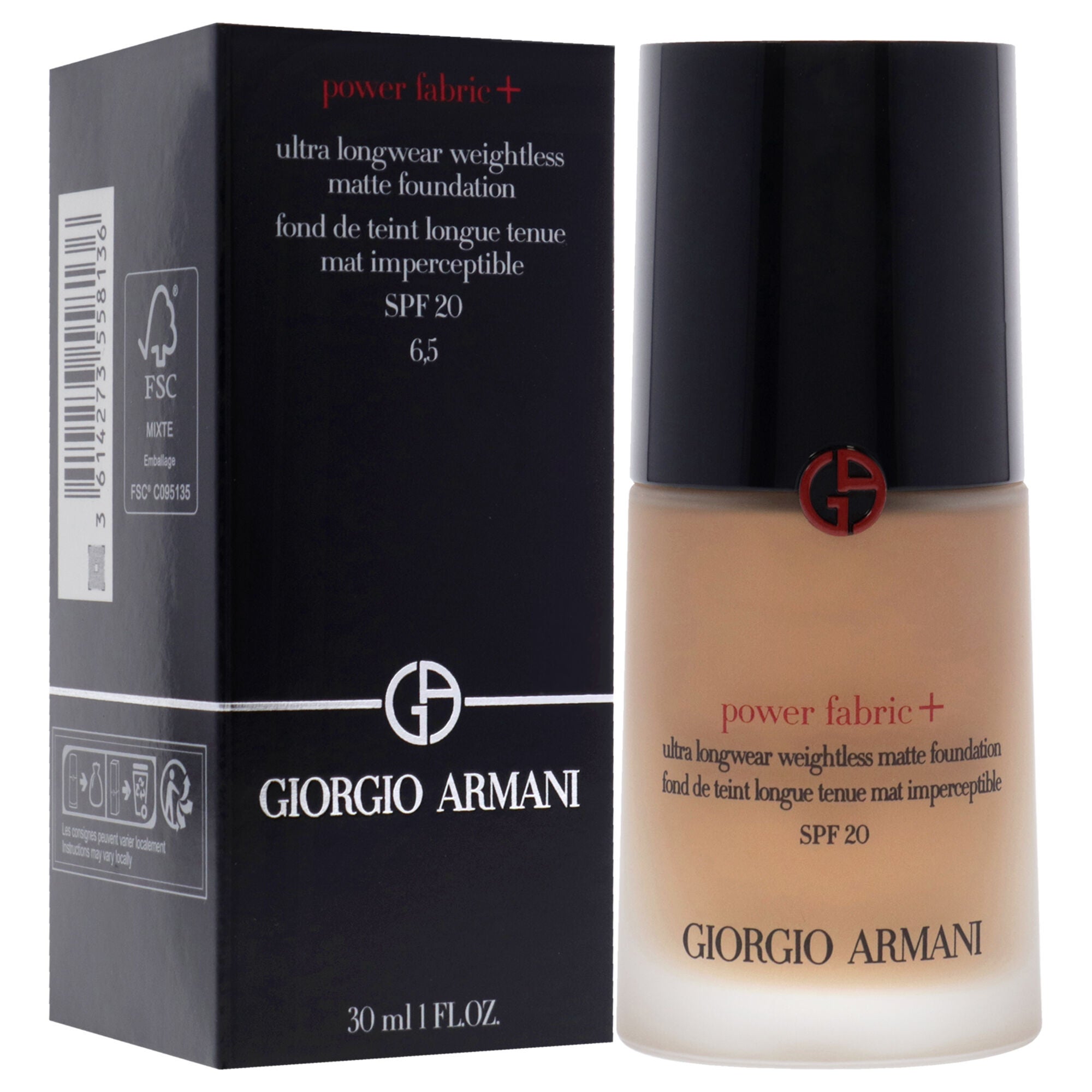 Power Fabric Plus Longwear Weightless Matte Foundation SPF 20 - 6.5 Medium To Tan With Peach by Giorgio Armani for Women - 1 oz Foundation, See Description, alternate image number 2