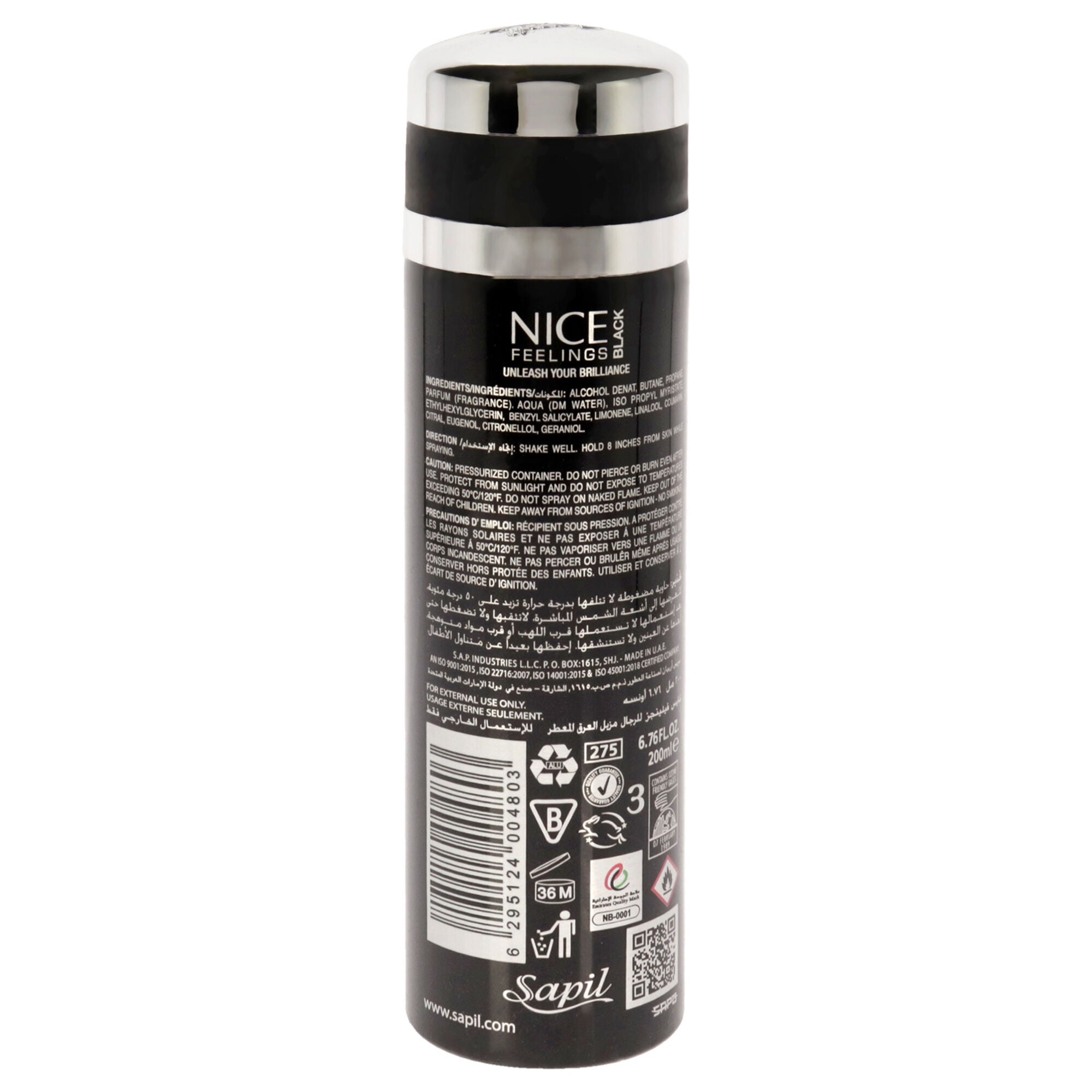 Nice Feelings Black by Sapil for Men - 6.76 oz Deodorant Spray, See Description, alternate image number 2