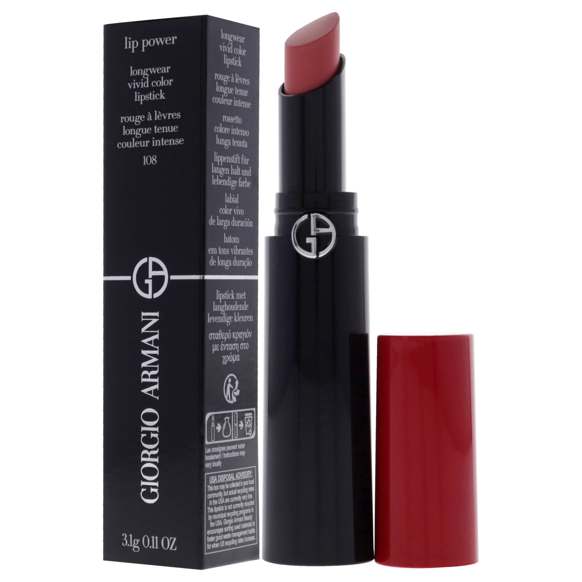 Lip Power Longwear Vivid Color Lipstick - 108 In Love by Giorgio Armani for Women - 0.11 oz Lipstick, Orange, alternate image number 2