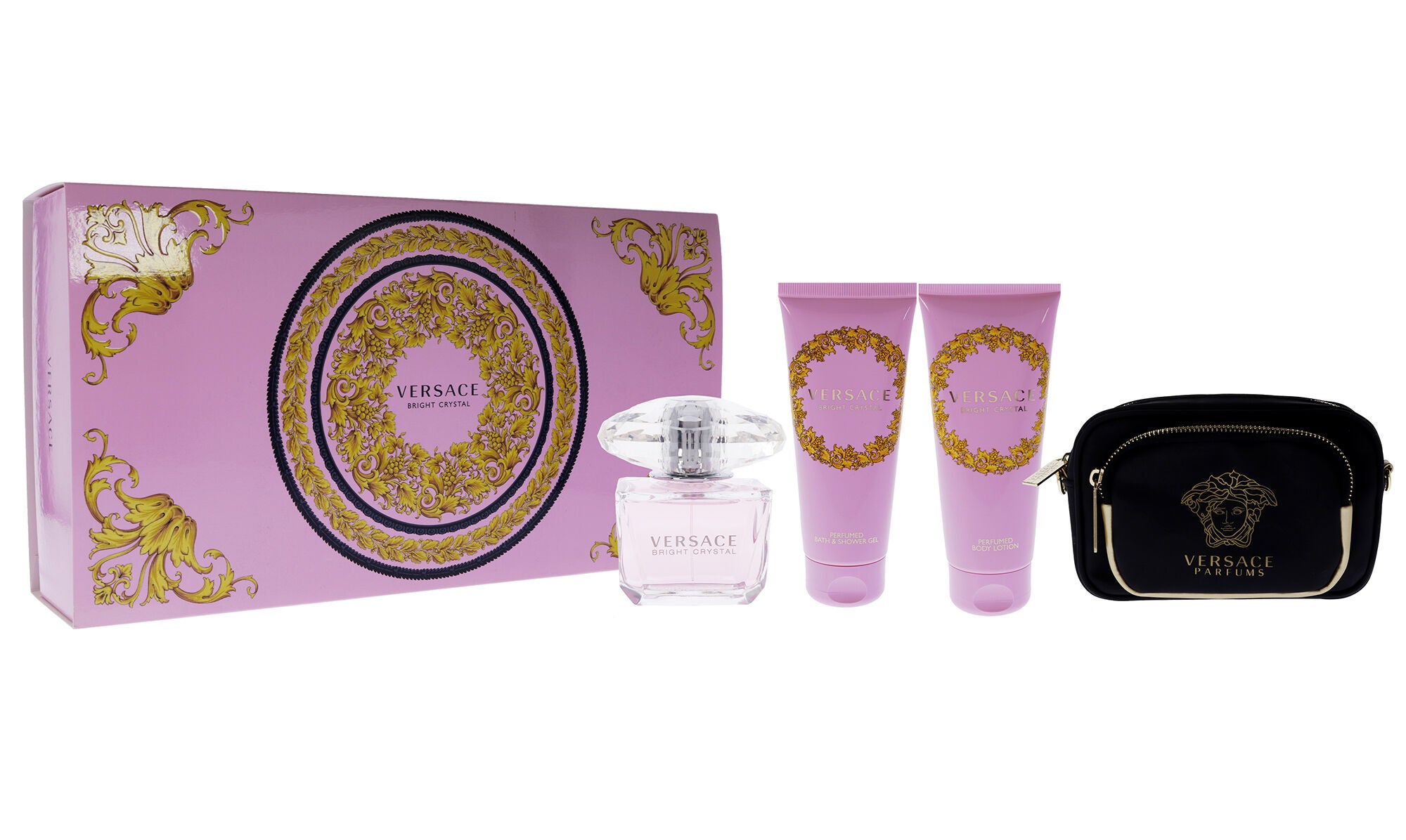 Versace Bright Crystal by Versace for Women - 4 Pc Gift Set 3oz EDT Spray, 3.4oz Shower Gel, 3.4oz Body Lotion, Pouch, See Description, hi-res image number 0