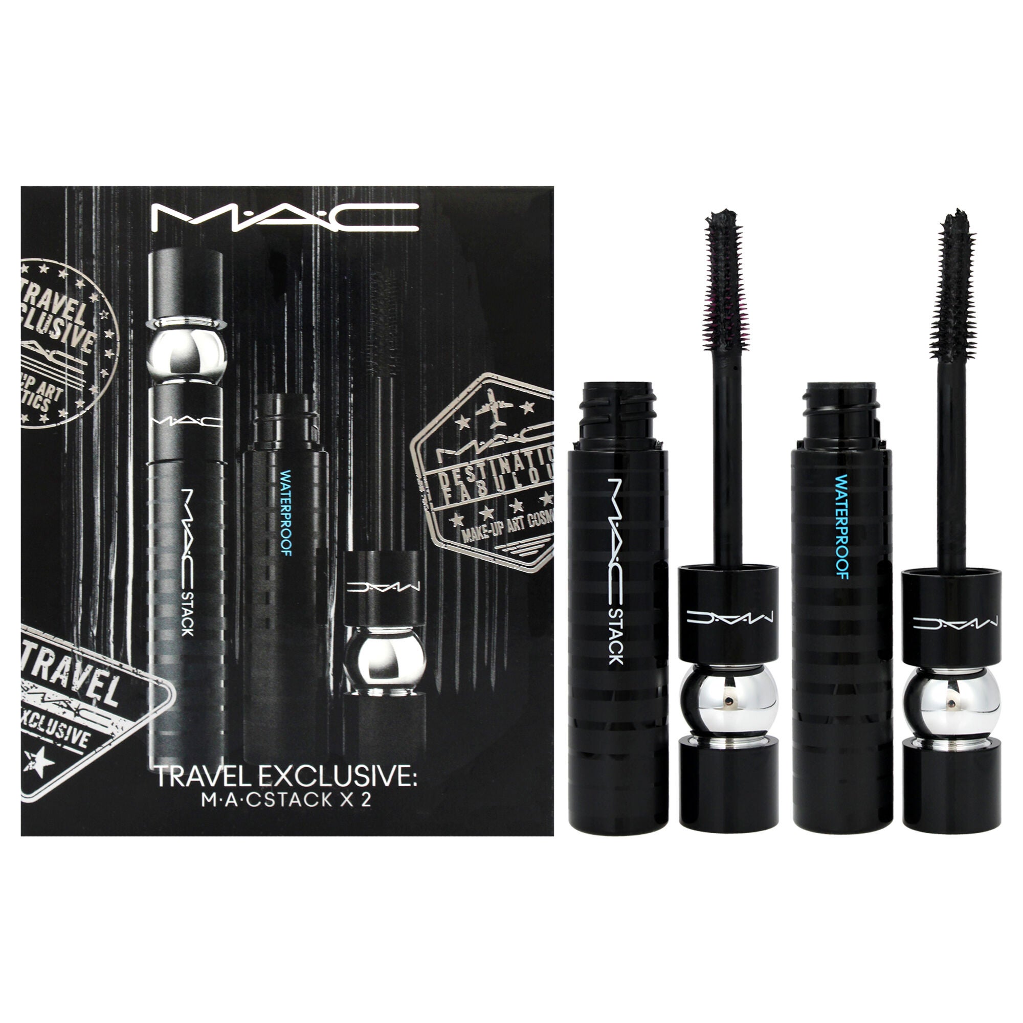 Stack Mascara Duo by MAC for Women - 2 Pc 0.41oz Superstack Mega Brush - Black, 0.41oz Superstack Mega Brush Waterproof - Black, See Description, hi-res image number 0