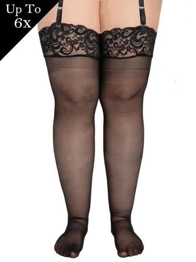 Lace Top Sheer Thigh High, Black, hi-res image number null