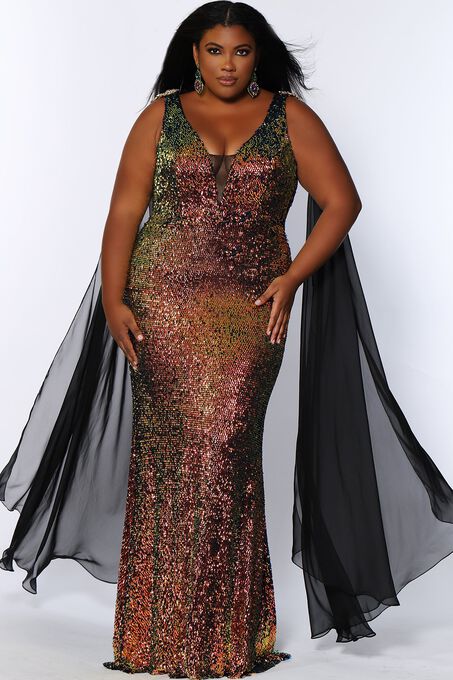 Aurora Plus Size Pageant Gown Floor Length Sequin Dress, Lava, hi-res image number null