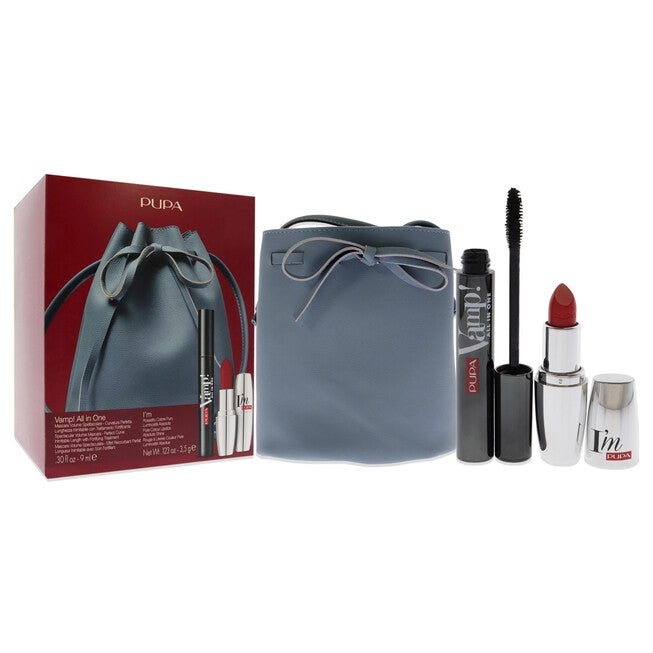 Vamp! All In One and I Am Set by Pupa Milano for Women - 3 Pc 0.30oz amp! All In One Mascara - 101 Black, 0.123oz Lipstick - 303, Bucket Bag, NA, alternate image number null
