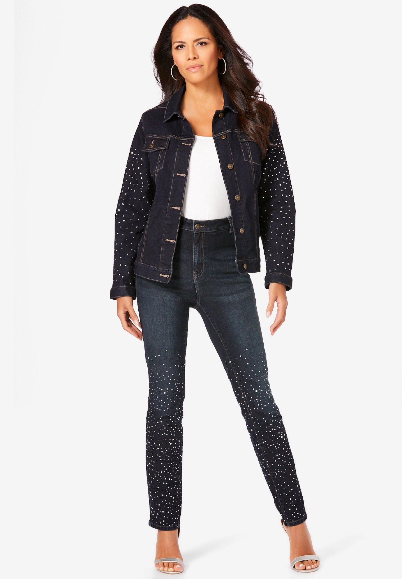 Statement Denim Jacket, RHINESTONE OMBRE, hi-res image number 0