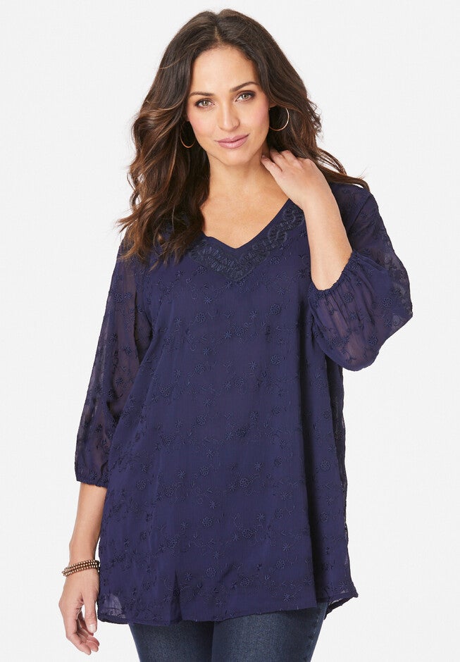 Embroidered V-Neck Blouse, NAVY VINE EMBROIDERY, hi-res image number null