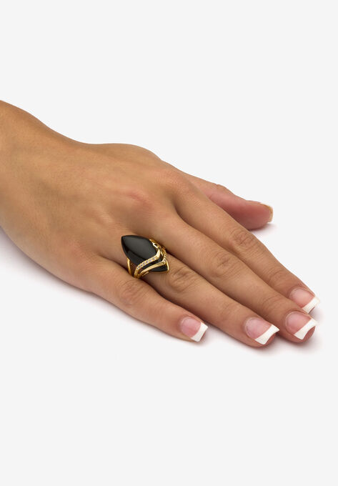 Yellow Gold-Plated Marquise Shaped Onyx And Round Ring Cubic Zirconia (1/2 Cttw) Jewelry, , alternate image number null