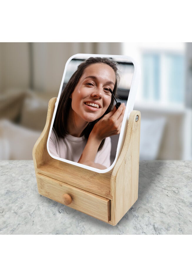 Dual Sided Mirror With Organizer Tray, Bamboo Base Drawer • 360° Rotation • 5X/ 1X Magnification, , on-hover image number null