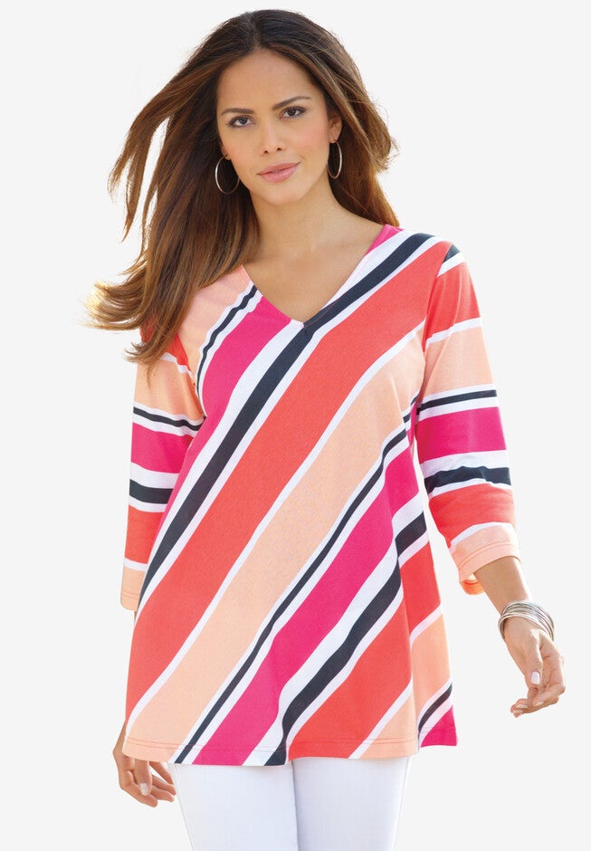 Diagonal Stripe V-Neck Tee, SPICE RED MULTI, hi-res image number null