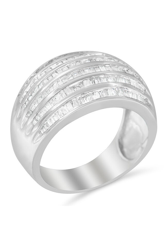 Sterling Silver Baguettecut Diamond Channel Set Domed Tapered Cocktail Ring, WHITE, hi-res image number null