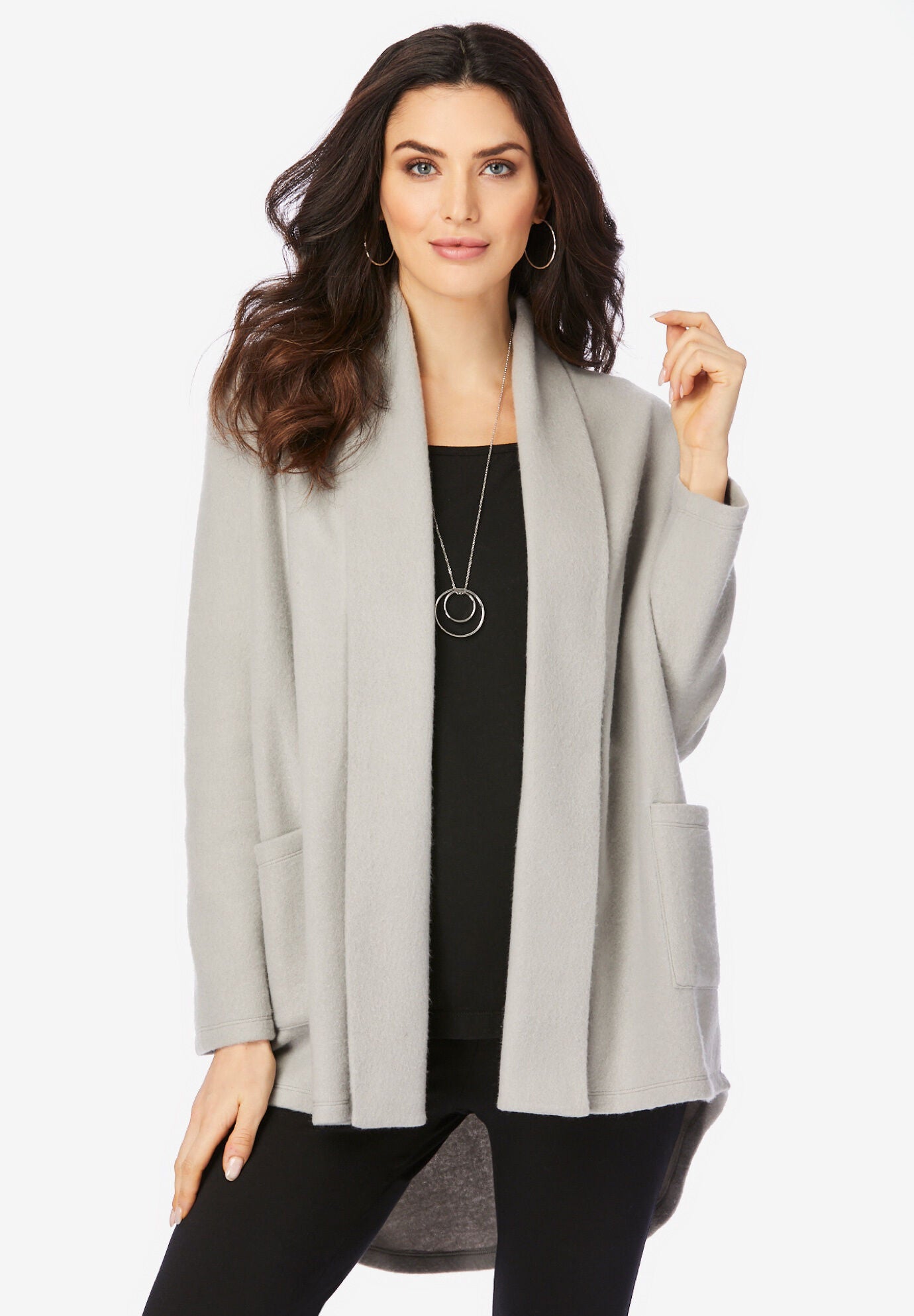 Shawl Collar Sherpa Cardigan, GUNMETAL, hi-res image number 0