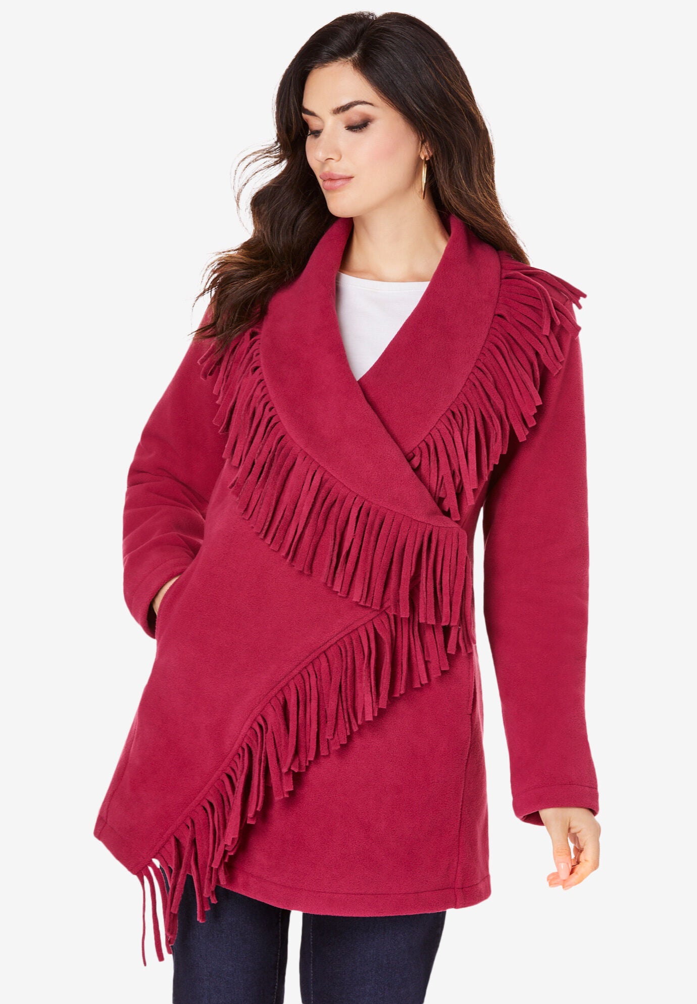 Fringe Fleece Jacket, BERRY TWIST, hi-res image number 0
