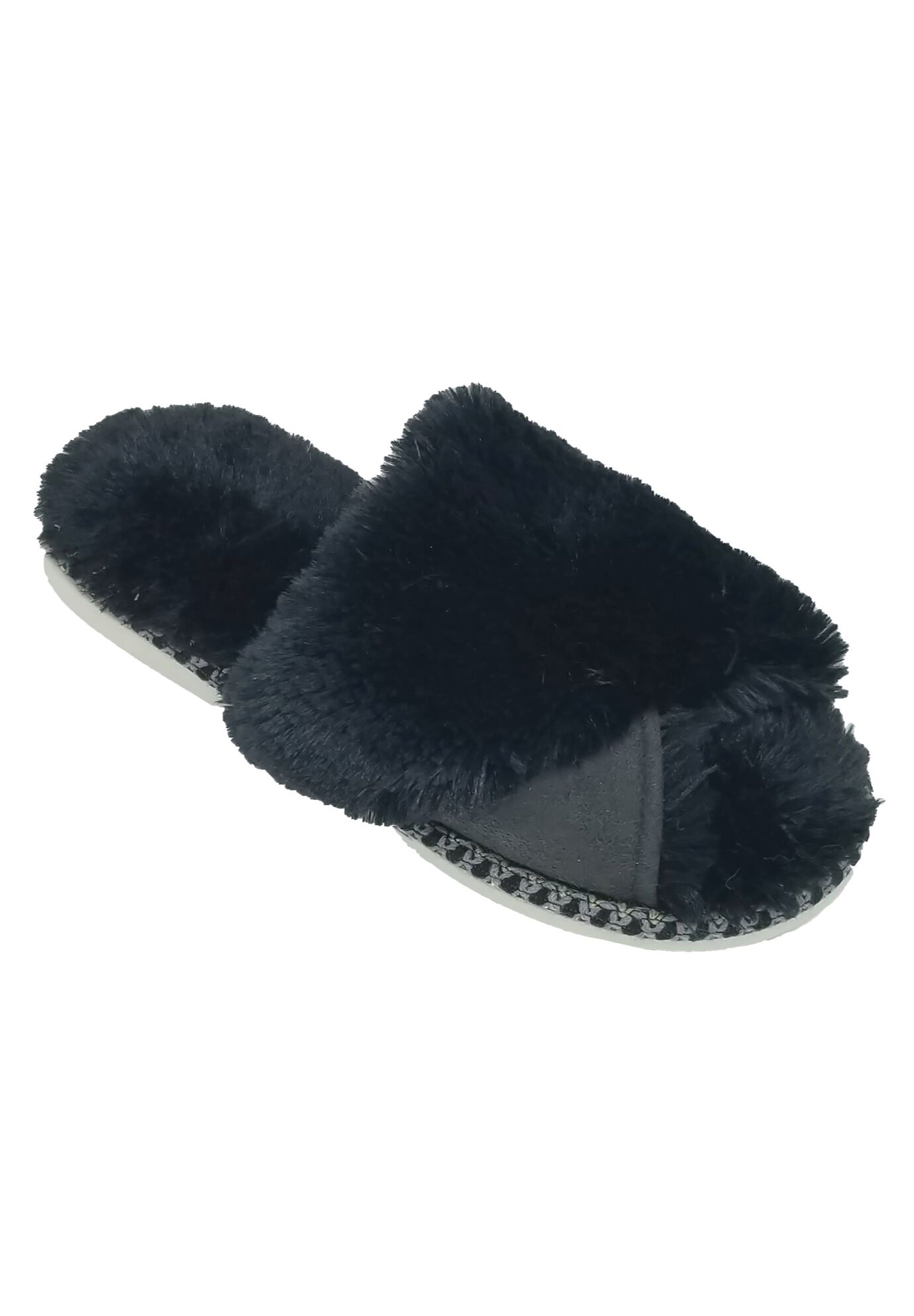 Faux Fur Criss Cross Open Toe Scuff Slippers, BLACK, hi-res image number 0