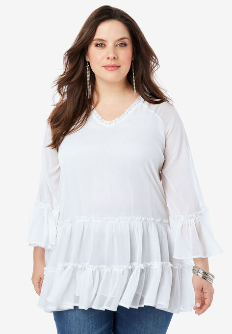 Tiered Ruffle Tunic with Bell Sleeves, WHITE, hi-res image number null