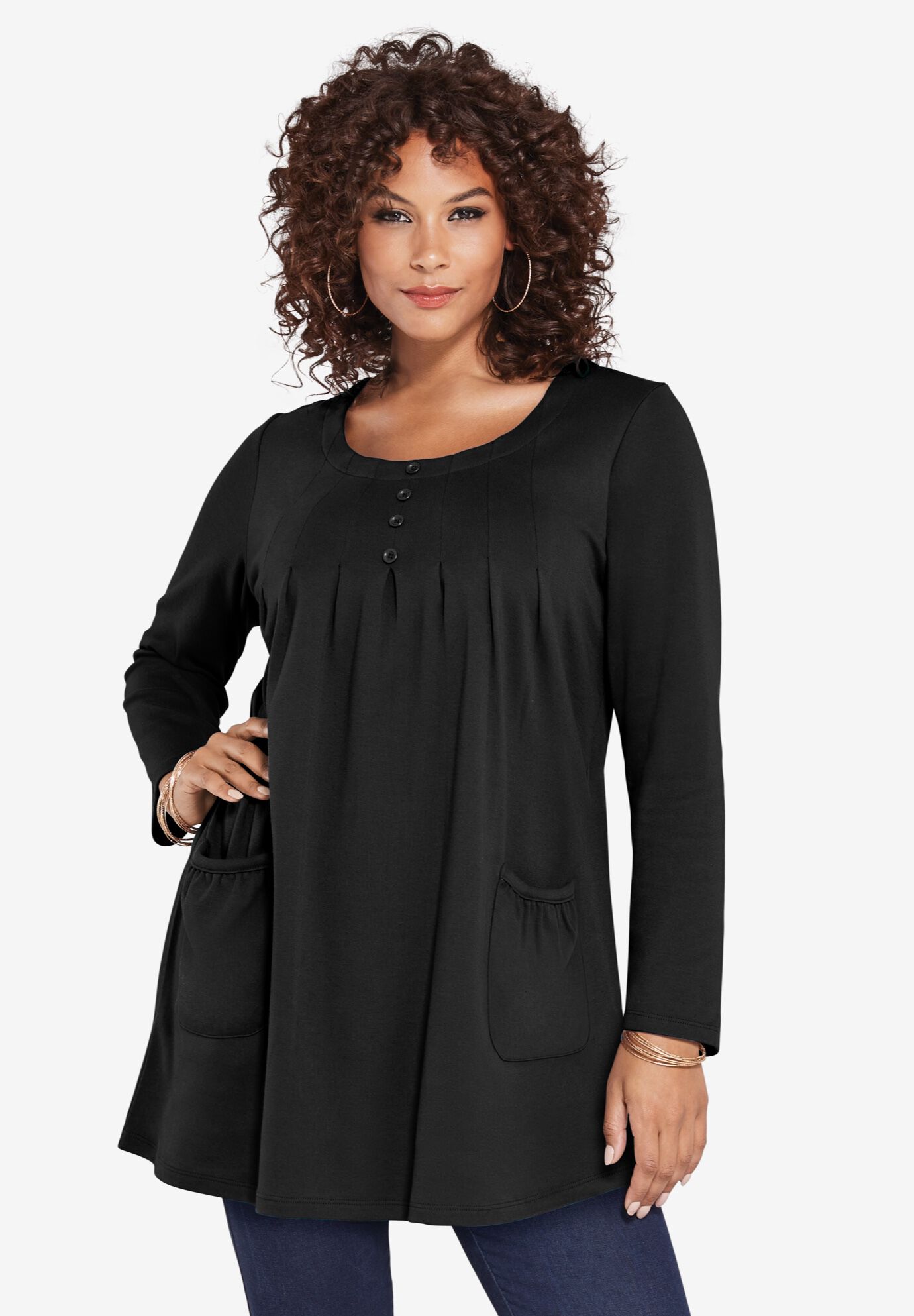 Plus Size Two Pocket Long Sleeve Soft Knit Swing Tunic