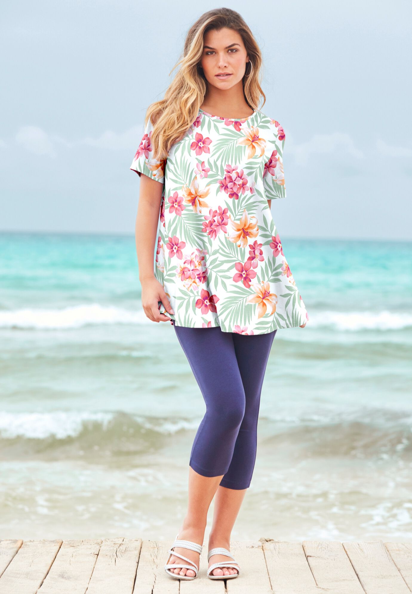Plus Size Ultimate Cotton Crewneck Short Sleeve Swing Tee, ORANGE TROPICAL FLORAL, on-hover image number 1