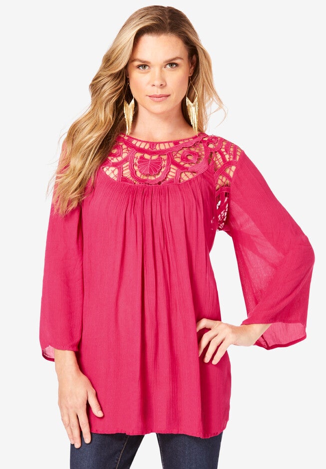Lace Neckline Tunic, PINK BURST, hi-res image number null