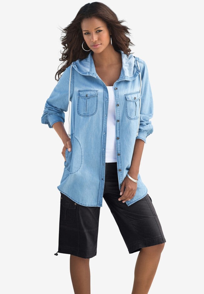 Hooded Denim Big Shirt, BLEACH, hi-res image number null