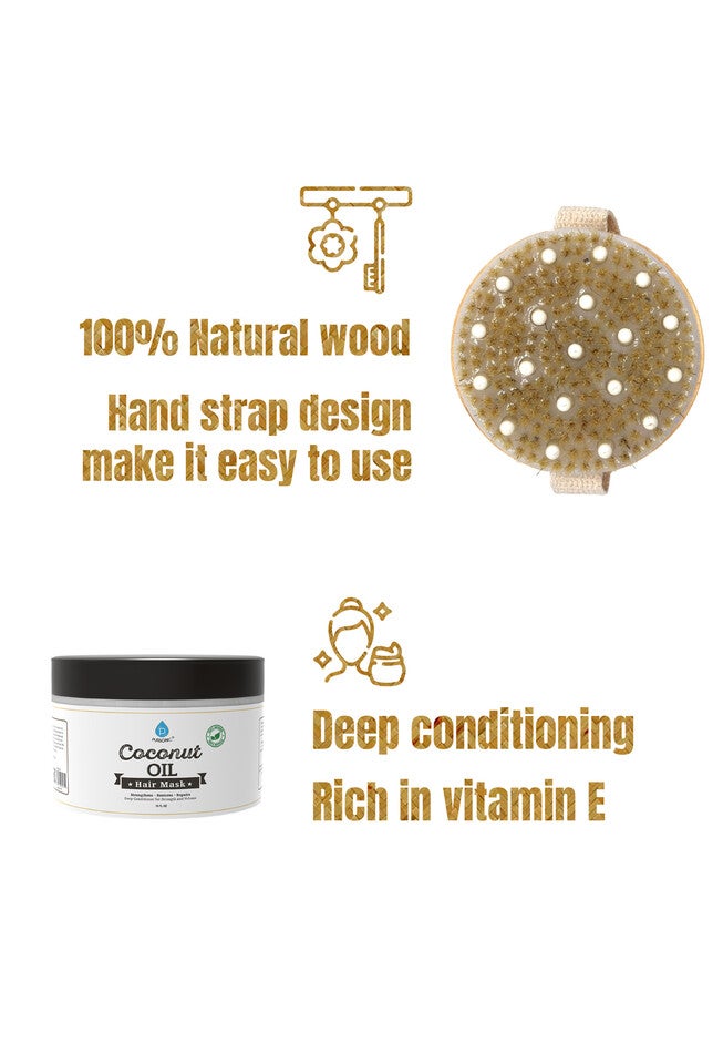 Hair Care And Massage Bundle: Bath Brush And Rubber Massager With Lotus Wooden Handle + 100% Natural Coconut Oil Hair Mask 10 Oz, , on-hover image number 1