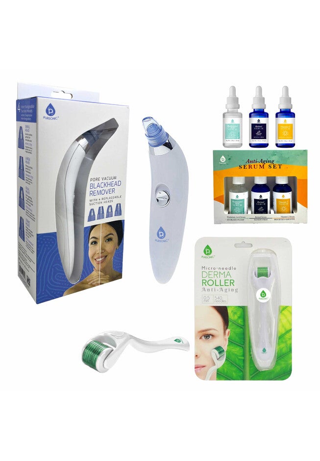 Ultimate Rejuvenation Bundle: Micro Needle Derma Roller, Pore Vacuum Blackhead Remover & 3-Pack Anti-Aging Serum Set, O, hi-res image number 0