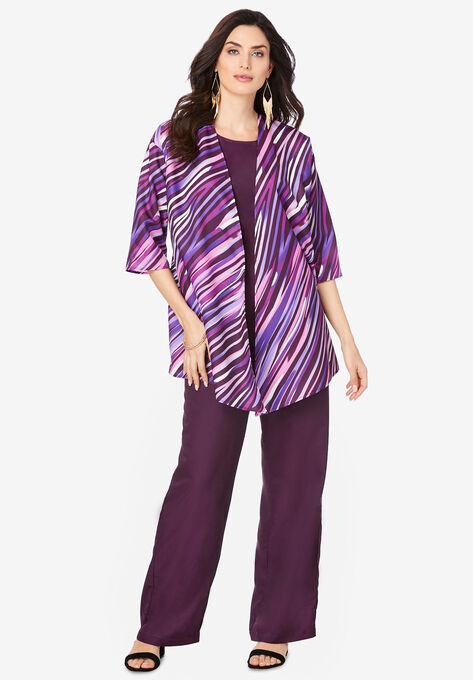 Three-Piece Pantsuit, DARK BERRY ABSTRACT STRIPE, hi-res image number null