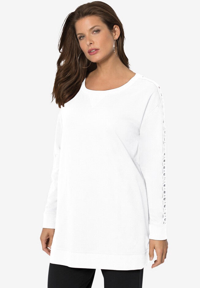 Crochet Sleeve Sweatshirt Tunic, WHITE, hi-res image number null