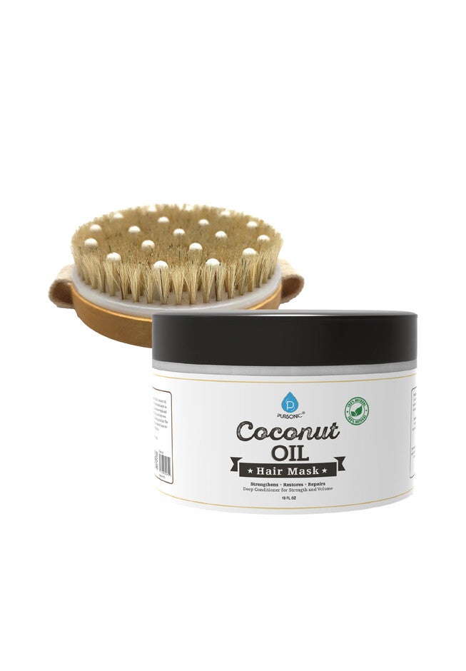 Hair Care And Massage Bundle: Bath Brush And Rubber Massager With Lotus Wooden Handle + 100% Natural Coconut Oil Hair Mask 10 Oz, O, hi-res image number 0