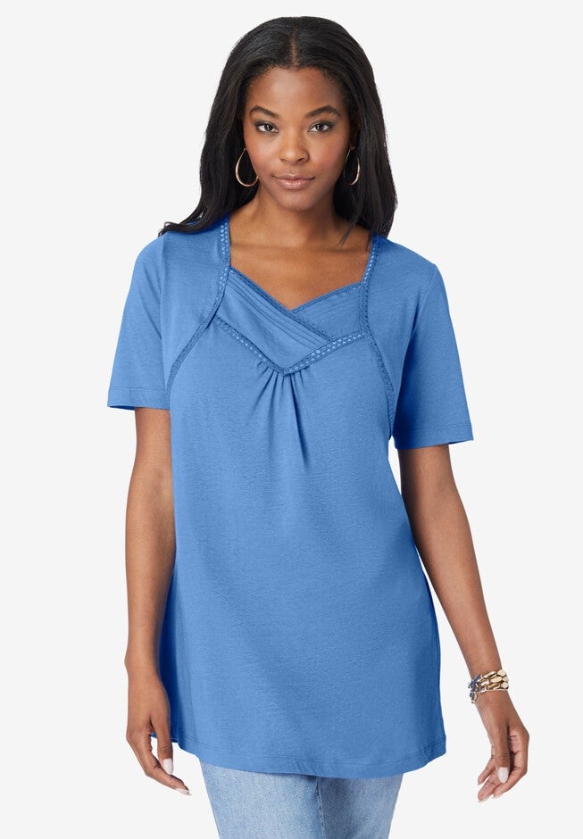 Pleated V-Neck Tee, HORIZON BLUE, hi-res image number null