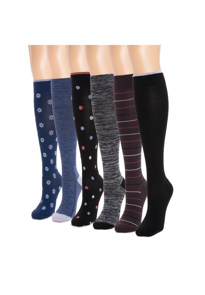Women'S 6 Pack Nylon Compression Knee-High Socks, , on-hover image number 1