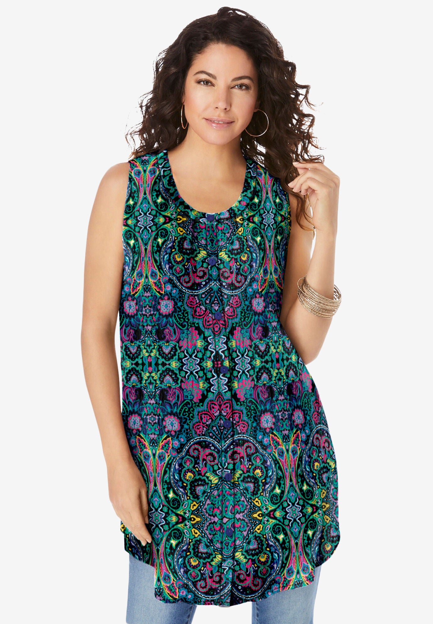 Sleeveless Angelina Tunic, TROPICAL EMERALD MIRRORED MEDALLION, on-hover image number 1