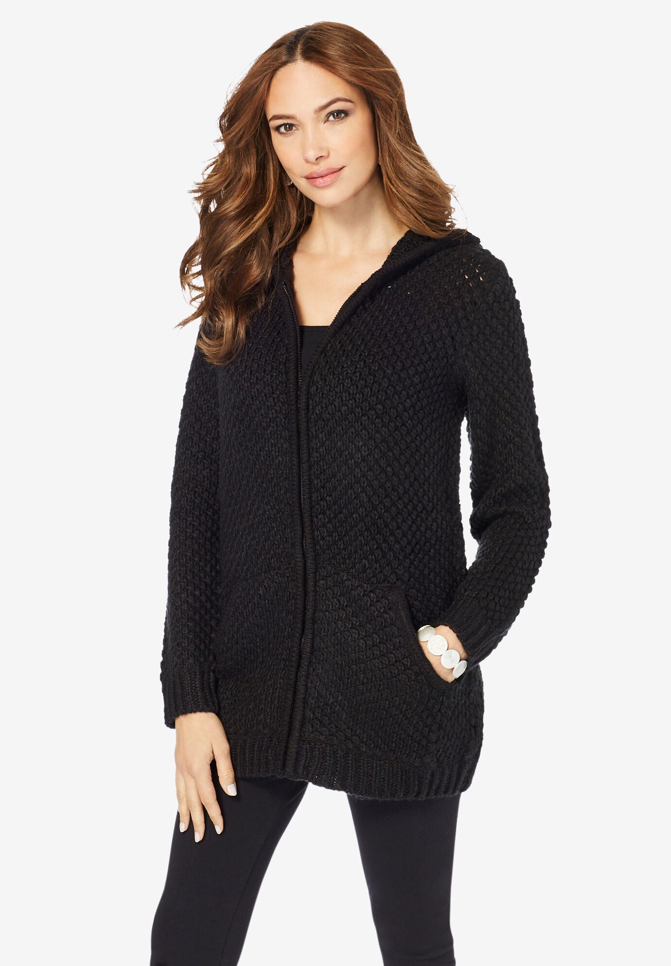 Marled Thermal Hoodie Cardigan, BLACK, hi-res image number 0