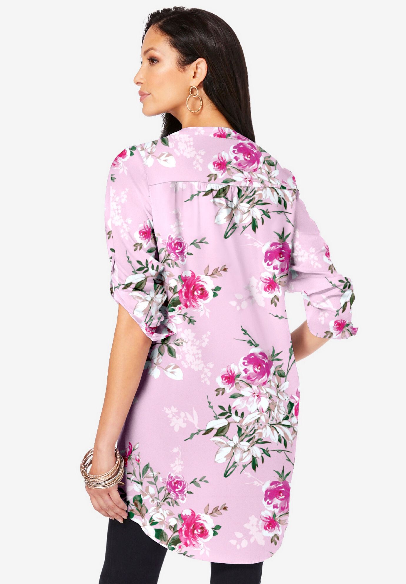 Plus Size Floral Y-Neck Pintuck Tunic – Adjustable Long Sleeve Button-Front, Relaxed Shirt Style, PINK ROMANTIC ROSE, on-hover image number 1