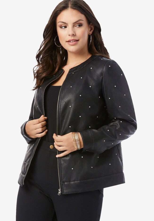 Rhinestone-Studded Bomber Jacket, BLACK, hi-res image number null