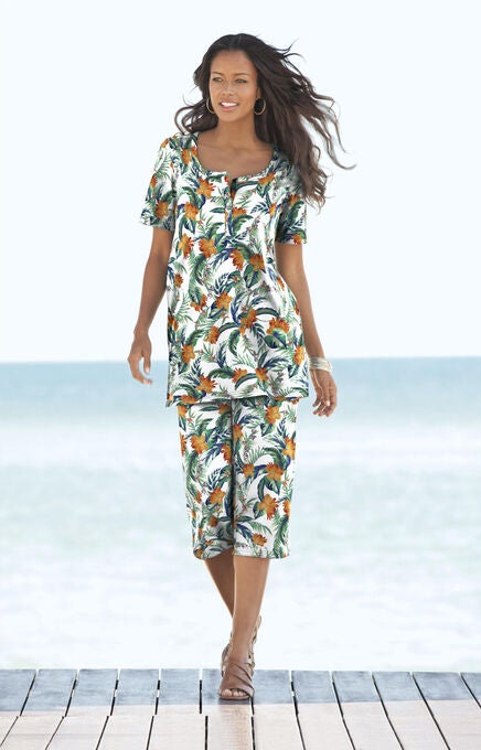 Printed Henley Capri Set, , alternate image number null