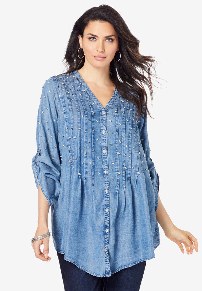 Glam-Embellished Big Shirt, MEDIUM STONEWASH, hi-res image number null
