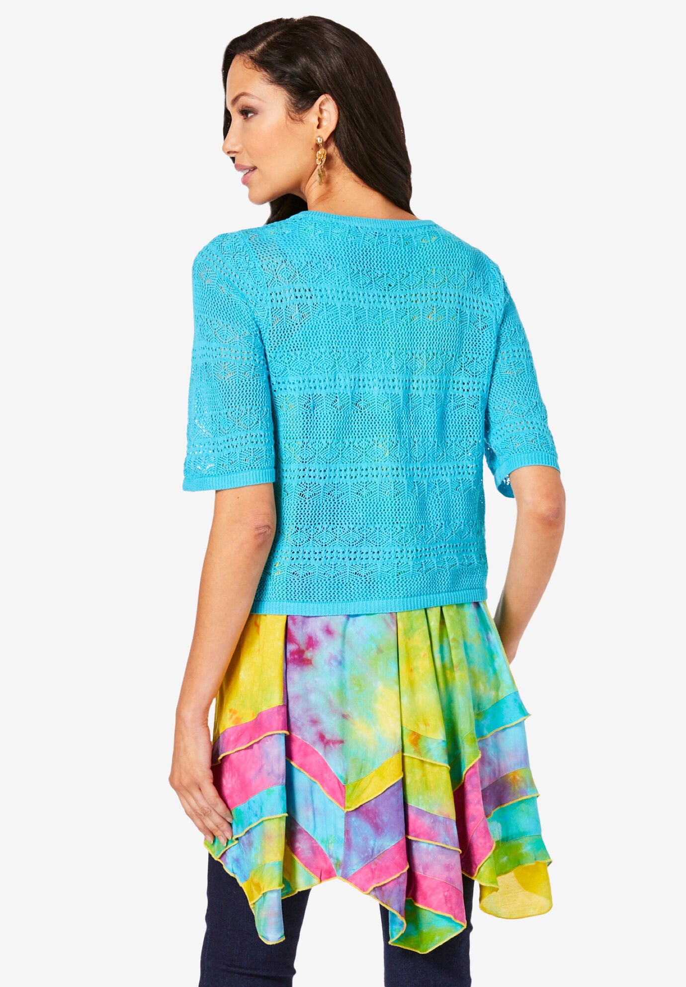 Cropped Pointelle Short Sleeve Cardigan Sweater, OCEAN, on-hover image number 1