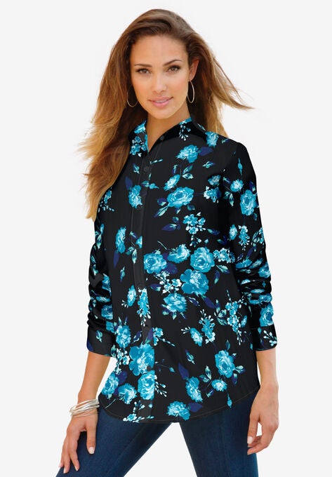 Long-Sleeve Kate Big Shirt, TEAL ROSE FLORAL, hi-res image number null