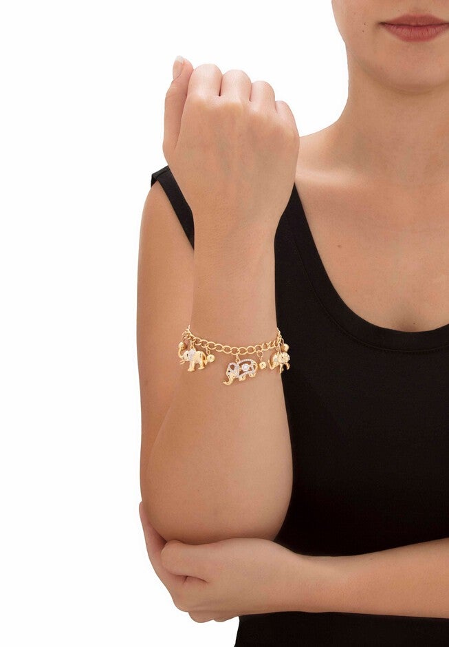 Gold Tone Round Crystal Elephant Charm Bracelet, , alternate image number null