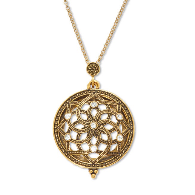 Mandala Flower Magnifying Glass Goldtone Pendant Necklace 23 inches, WHITE, alternate image number null