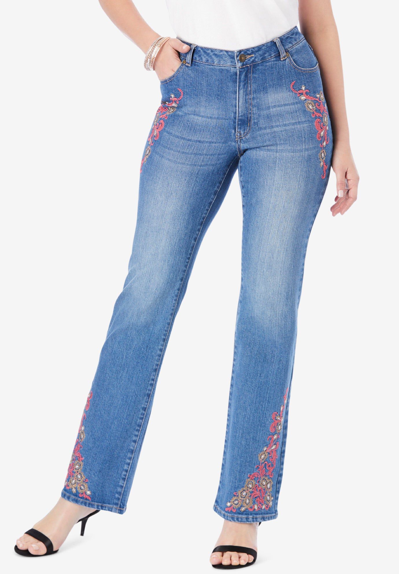 Plus Size Invisible Stretch&reg; Two-Tone Embroidered Bootcut Jeans, CORAL KHAKI EMBROIDERY, hi-res image number 0