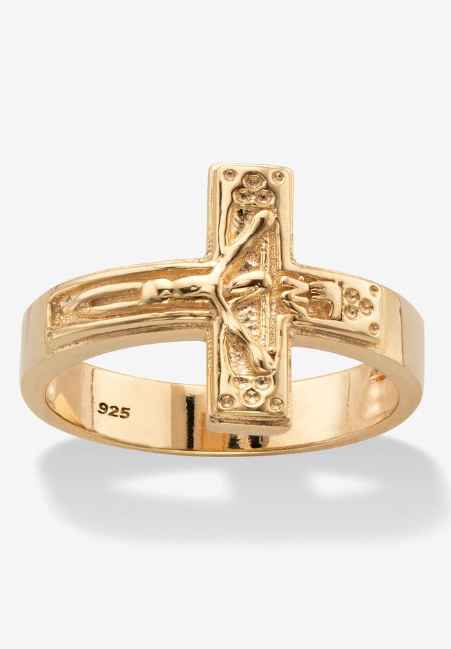 Gold-Plated Sterling Silver Horizontal Crucifix Cross Ring, GOLD, hi-res image number null
