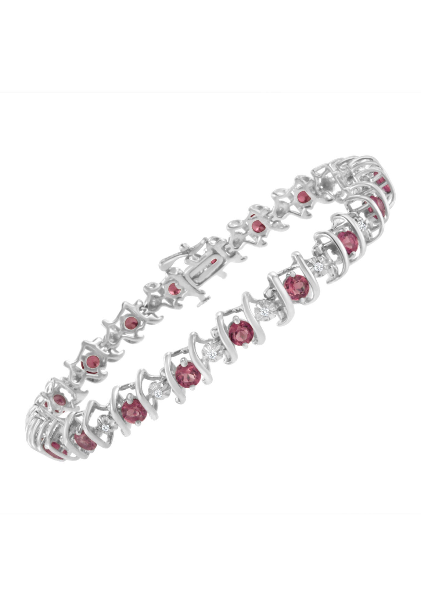 Sterling Silver Gemstone & Round Diamond Tennis Bracelet Pink Tourmaline October Birthstone, , alternate image number 2