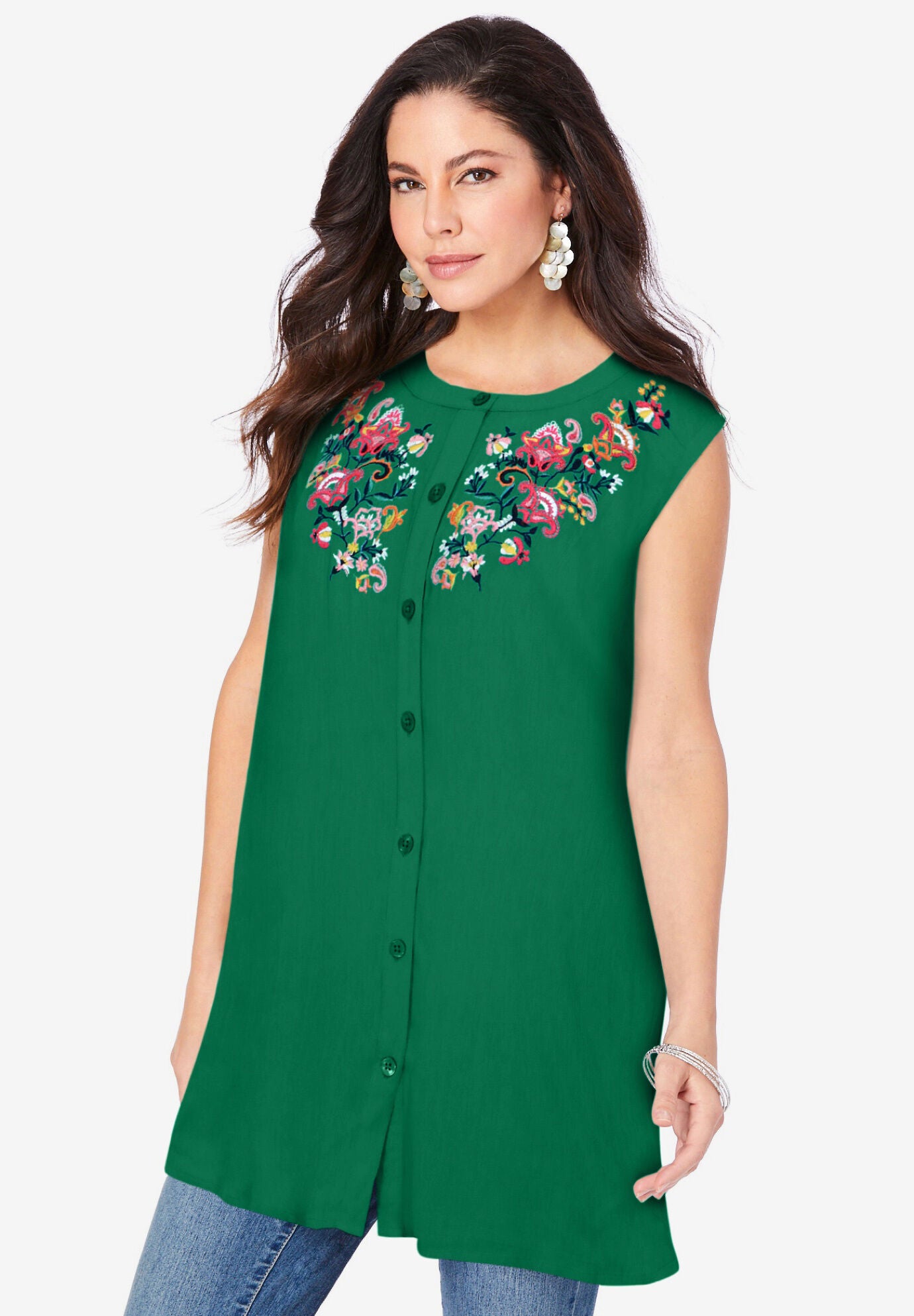 Sleeveless Embroidered Angelina Tunic, EMERALD FOLK EMBROIDERY, hi-res image number 0