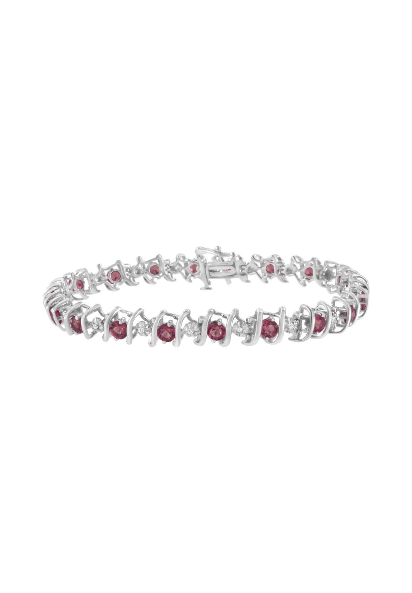 Sterling Silver Gemstone & Round Diamond Tennis Bracelet Pink Tourmaline October Birthstone, WHITE, hi-res image number 0