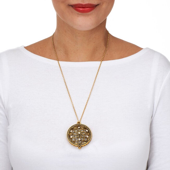 Mandala Flower Magnifying Glass Goldtone Pendant Necklace 23 inches, WHITE, alternate image number null