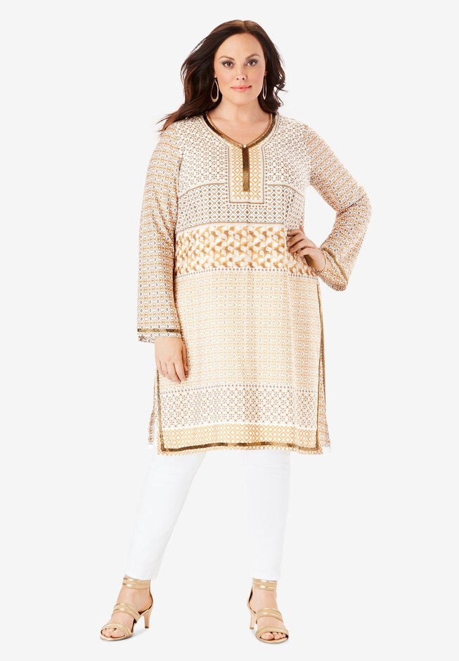 Beaded Tunic with Side Slits, NO COLOR, hi-res image number 0