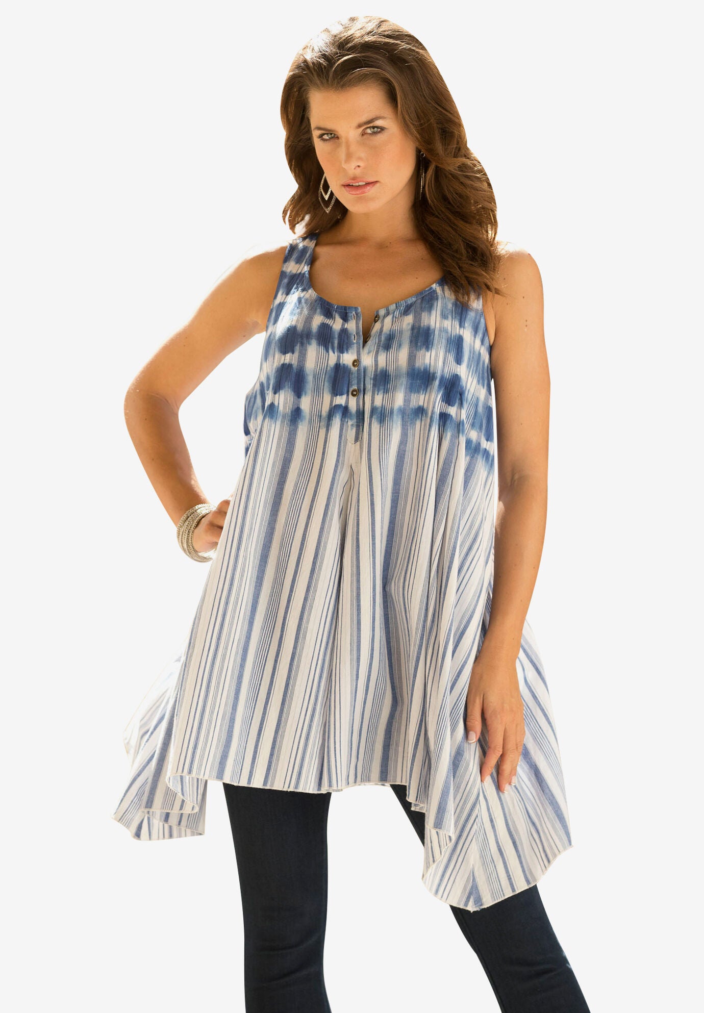Sleeveless Tie-Dye Tunic., MARINE BLUE STRIPE, hi-res image number 0