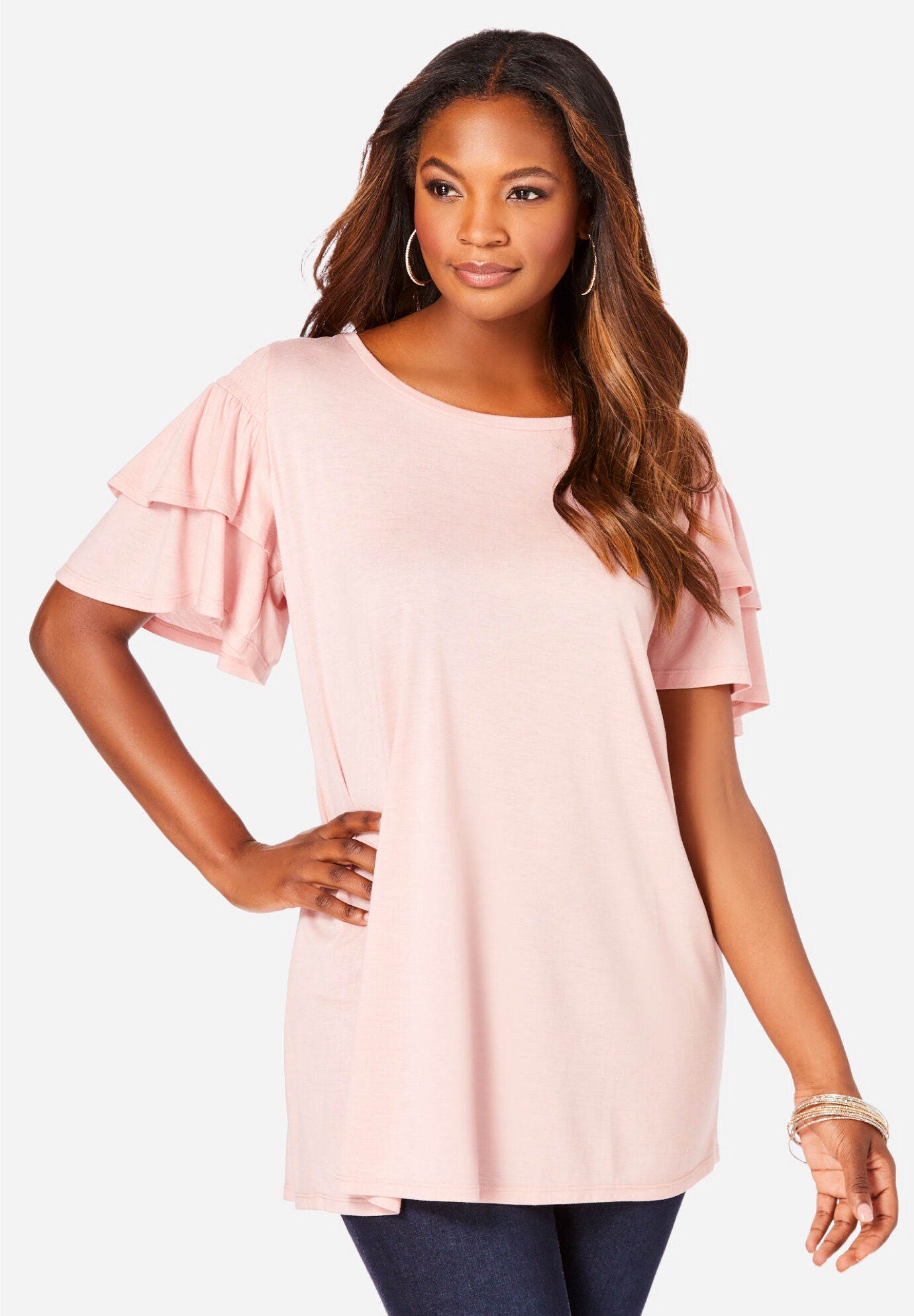 Ruffle-Sleeve Ultra Femme Tunic, SOFT BLUSH, hi-res image number 0
