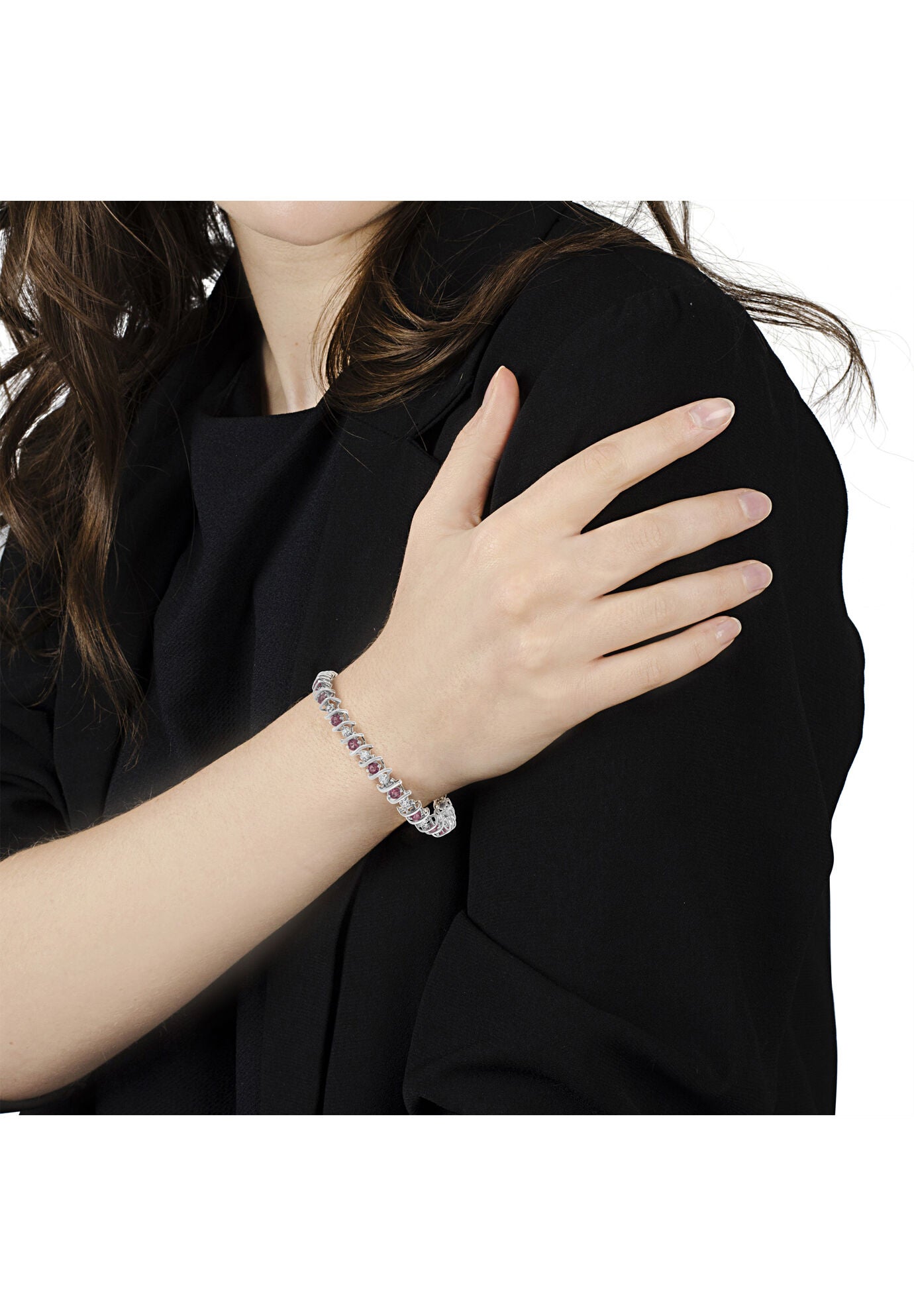 Sterling Silver Gemstone & Round Diamond Tennis Bracelet Pink Tourmaline October Birthstone, , alternate image number 5